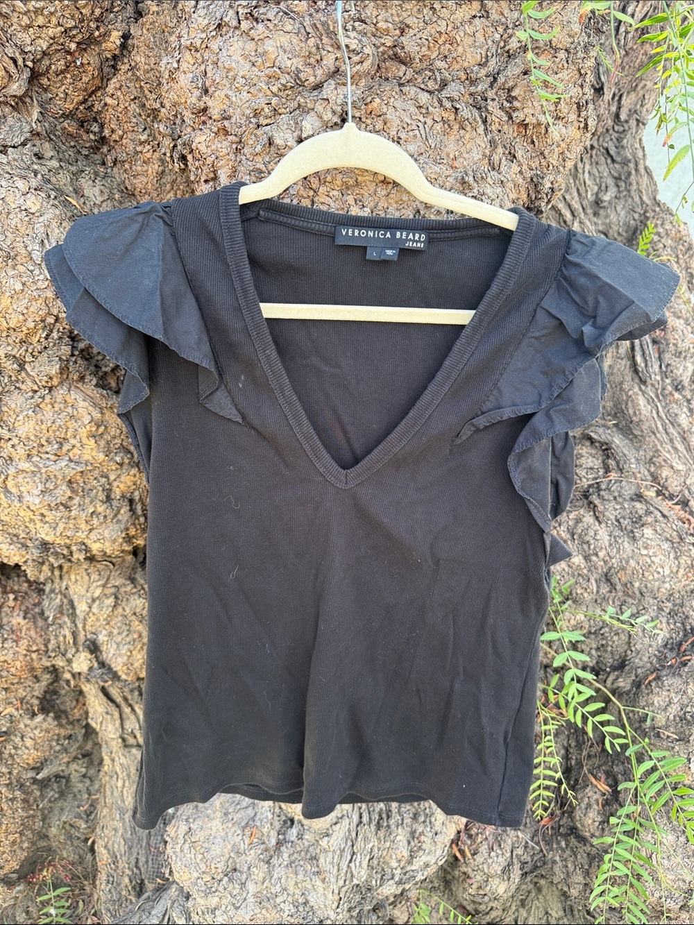 Veronica Beard Black V-Neck Ruffle Sleeve Tank